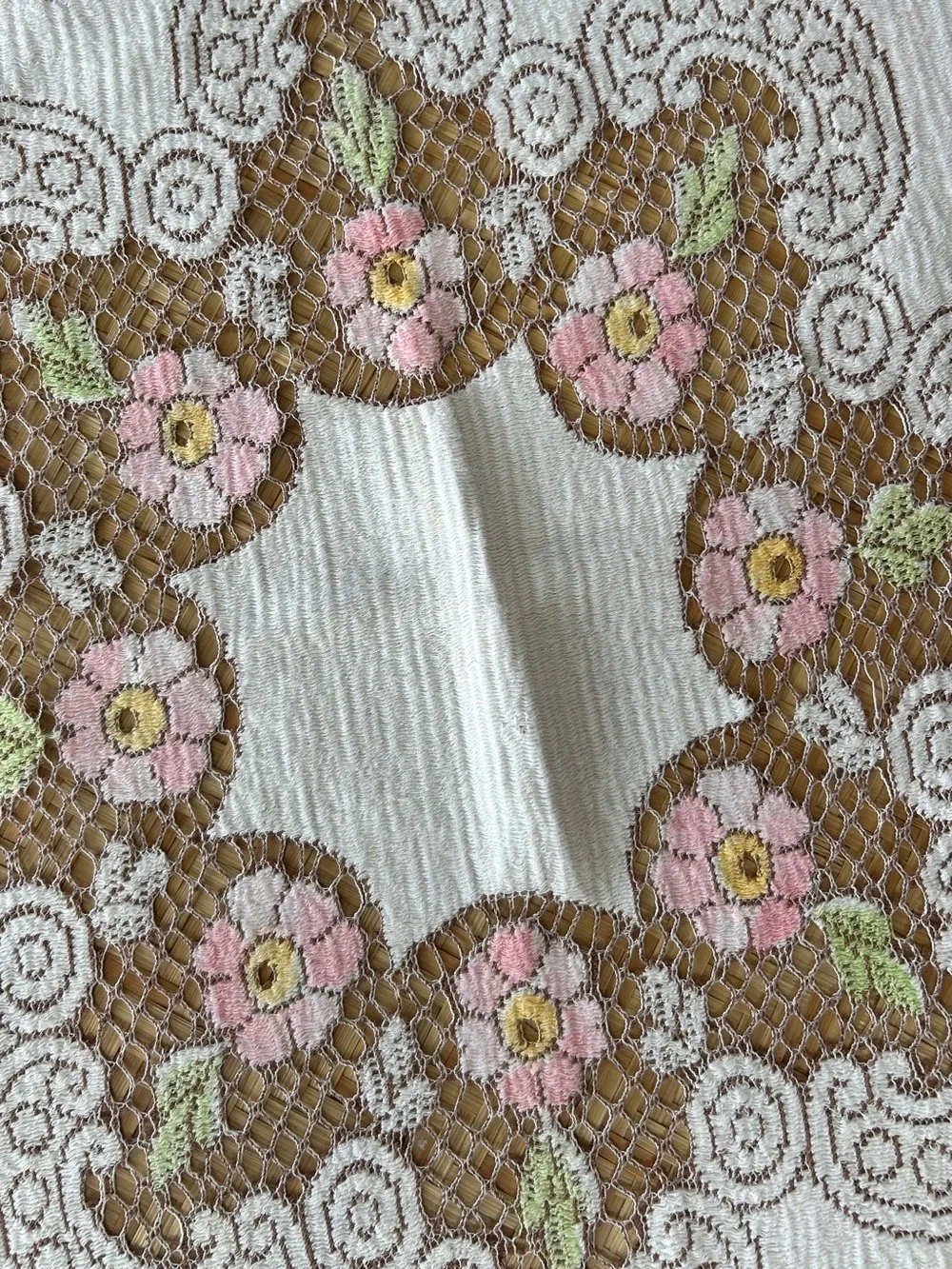 Beautiful French Vtg Lace Embroider Crochet Square Doily Floral Doily Tablecloth